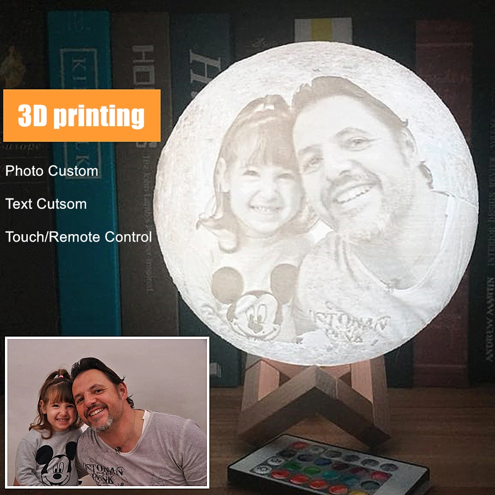 Photo Custom 3D printing moon night light Novelty lamp USB Rechargeable Table decoration Touch/Remote 2/16 Colors Moonlight - Image 3