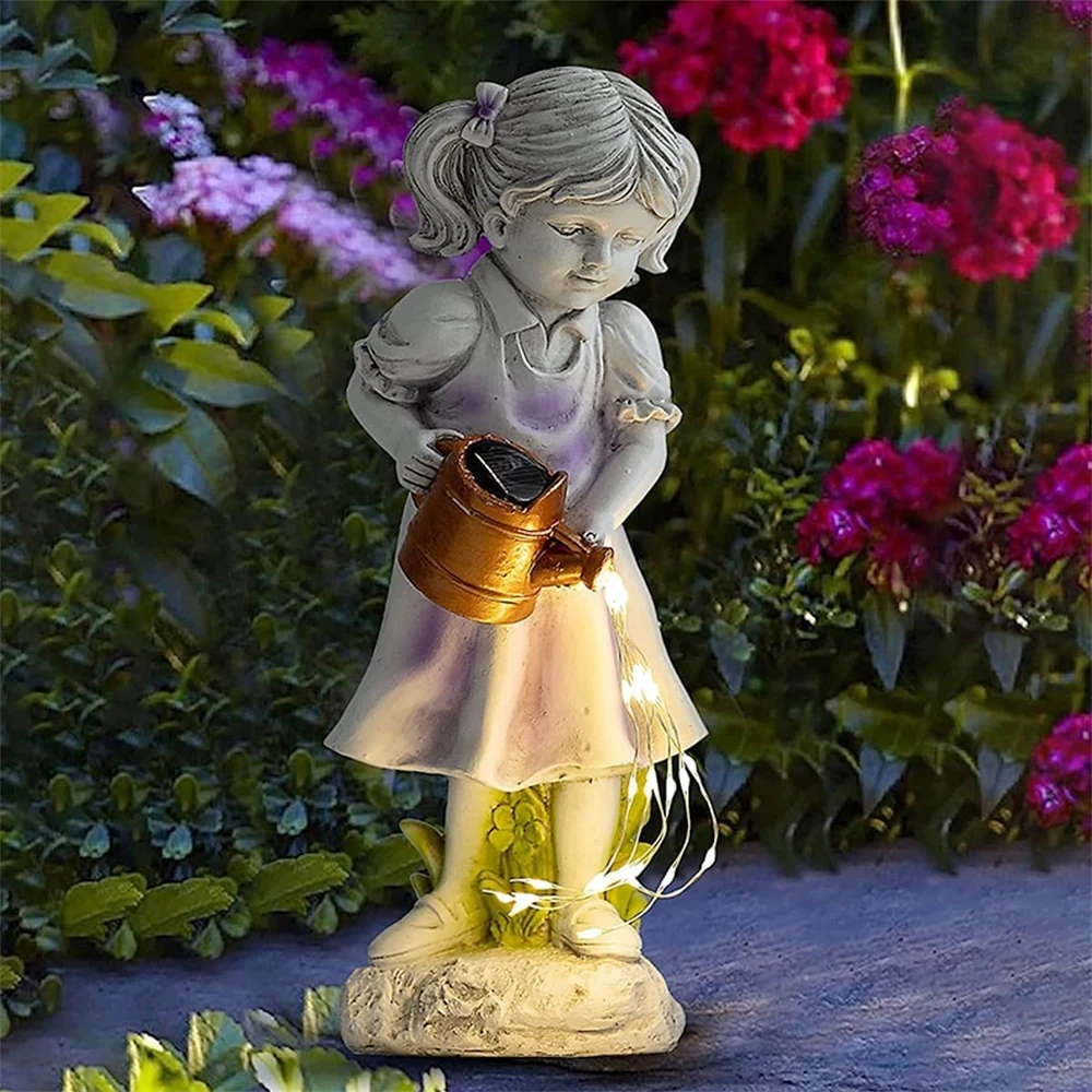 Solar Watering Can Lights Resin Little Girls' kettle Lights Outdoor Angel Sculpture Courtyard Garden Lawn Balcony Decorations