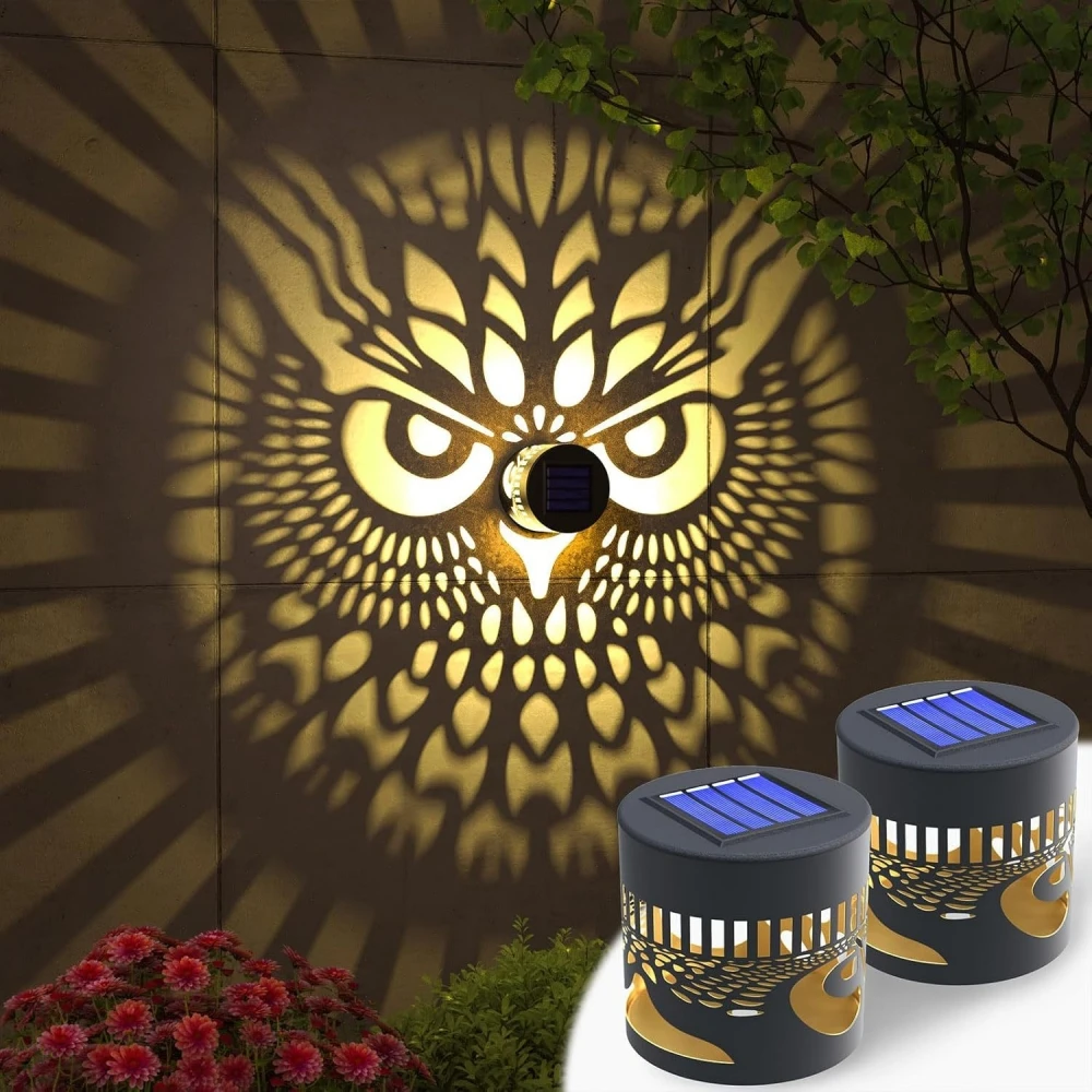 Solar Fence Lights Metal Solar Powered Owl Projector Lamp Outdoor Wall Deck Step Lights Mandala Theme for Garden Yard Decor
