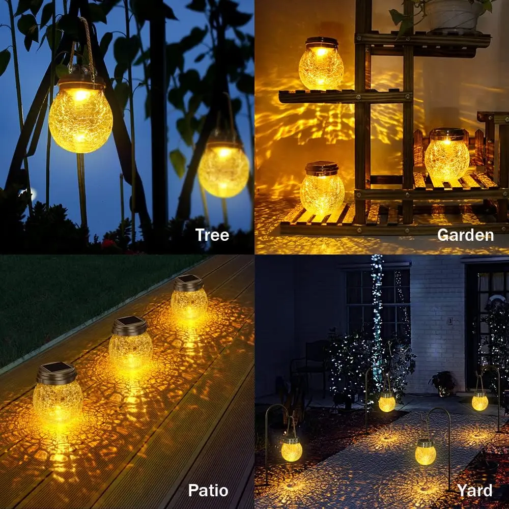 Crackle Glass Solar Lantern with LED Firefly Lights Waterproof Outdoor Hanging Lamp Decorative Lighting for Garden Patio Table - Image 3