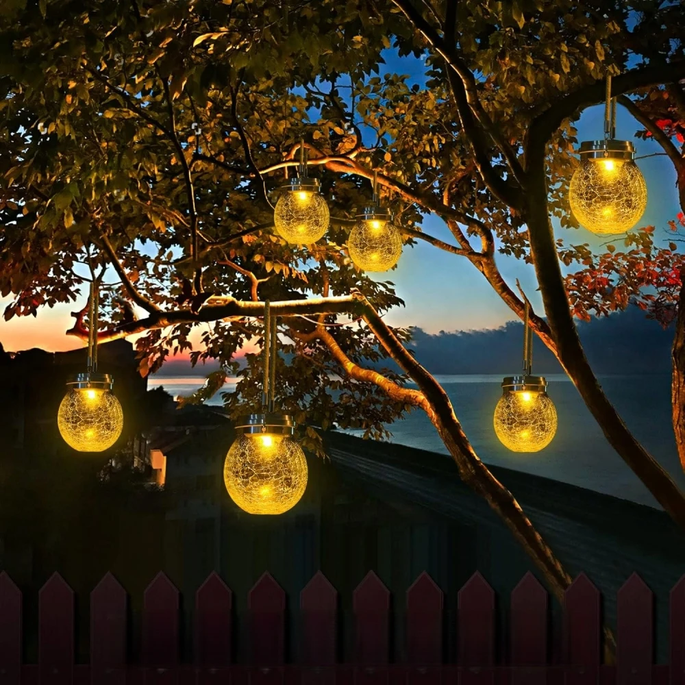 Crackle Glass Solar Lantern with LED Firefly Lights Waterproof Outdoor Hanging Lamp Decorative Lighting for Garden Patio Table - Image 2