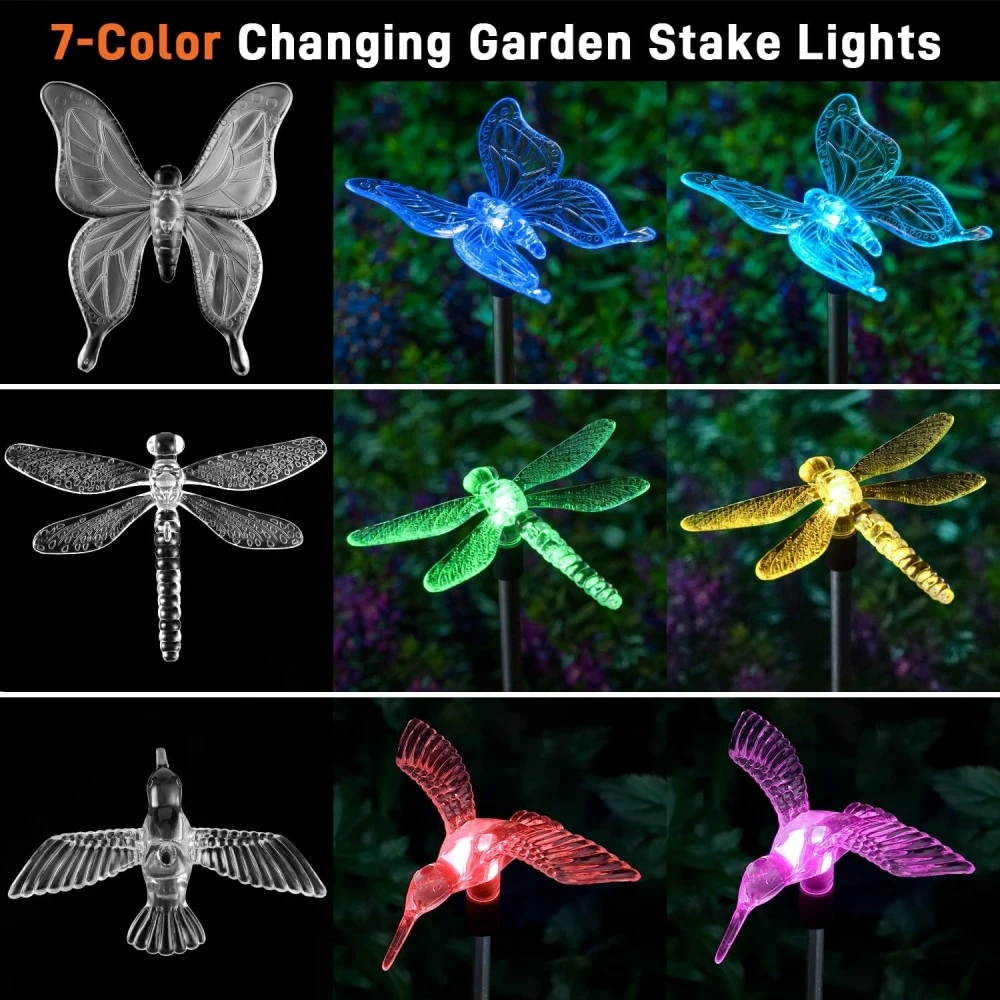 3pcs Solar Garden Stake Light Lights Outdoor Decorations Outside Dragonfly Hummingbird Butterfly LED Lamp Patio Path Decor - Image 3