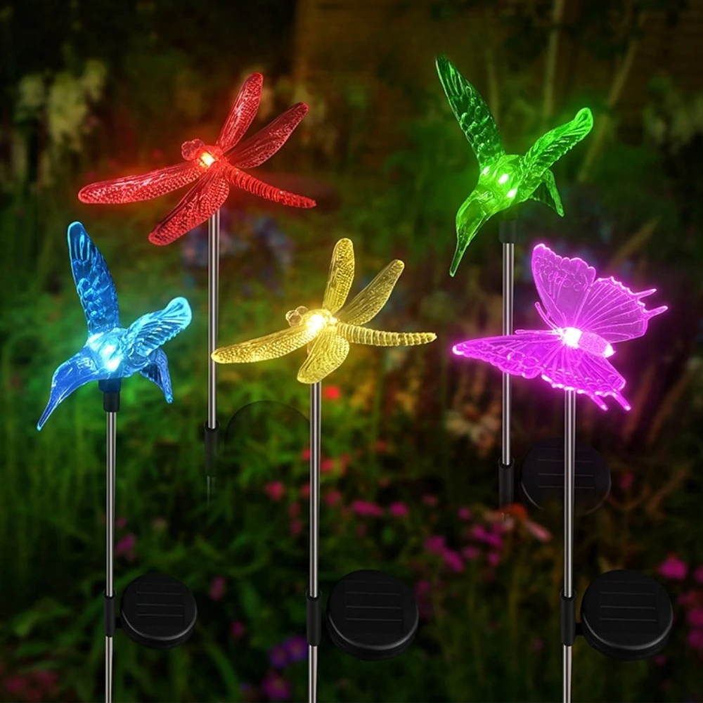 3pcs Solar Garden Stake Light Lights Outdoor Decorations Outside Dragonfly Hummingbird Butterfly LED Lamp Patio Path Decor