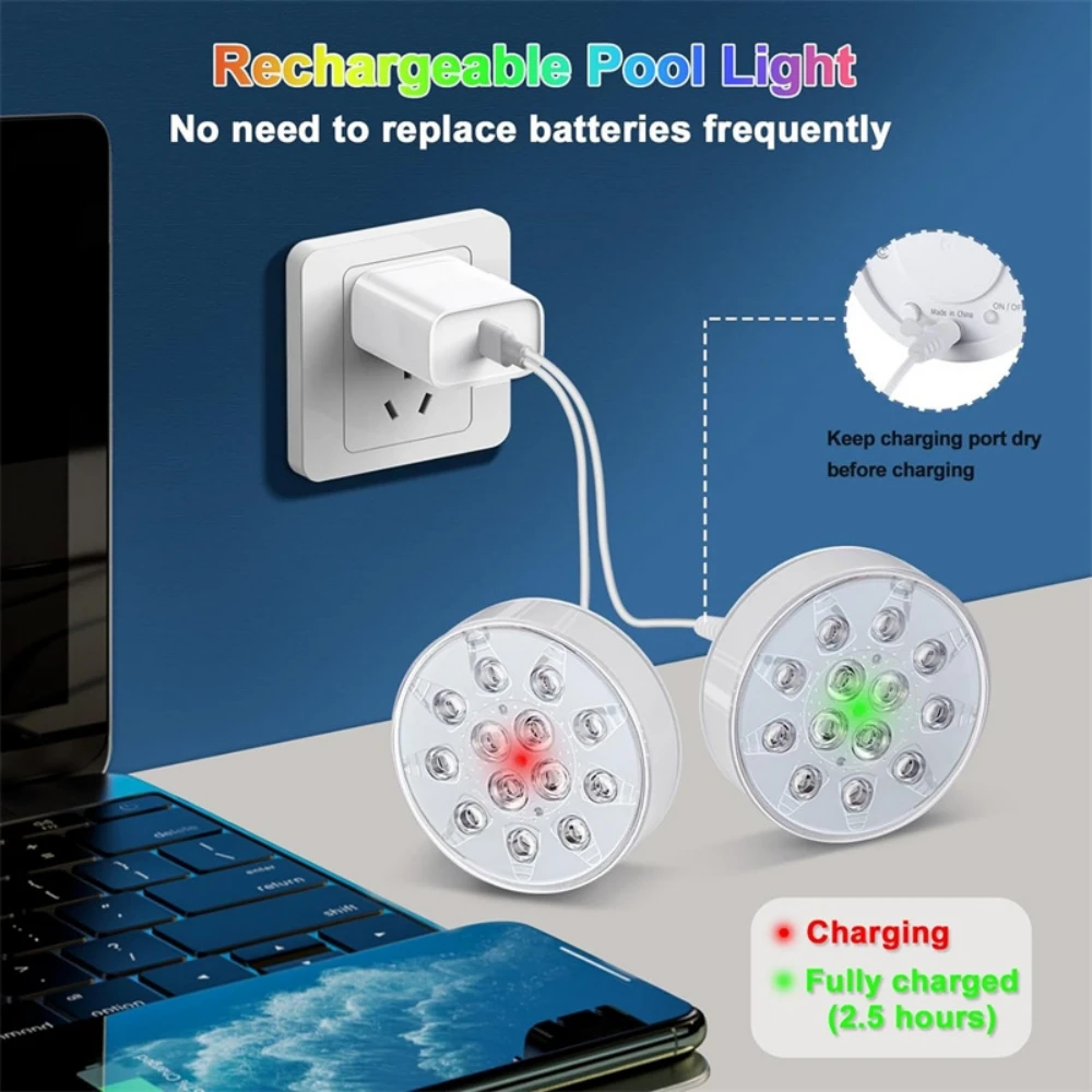 Updated Submersible LED Underwater Light with Remote Control Rechargeable Pool Light IP68 Bright Lamp RGB for Pond/Pool/Aquarium - Image 2