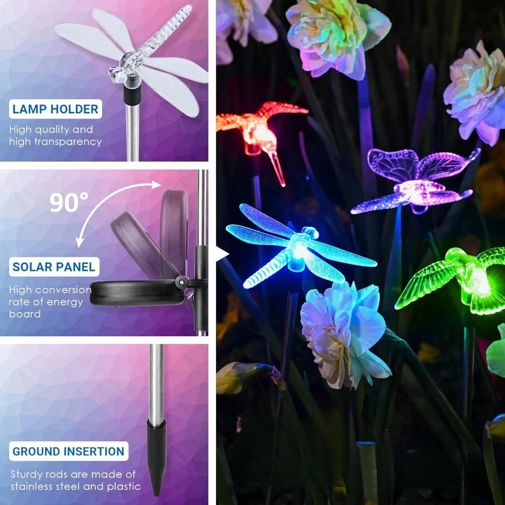 3pcs Solar Garden Stake Light Lights Outdoor Decorations Outside Dragonfly Hummingbird Butterfly LED Lamp Patio Path Decor - Image 2