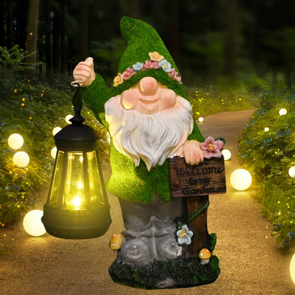 Solar Gnomes Garden Statues Light Resin Gnome Figurine with Welcome Sign Solar Lights Lantern Outdoor Yard Art Decorations - Image 3