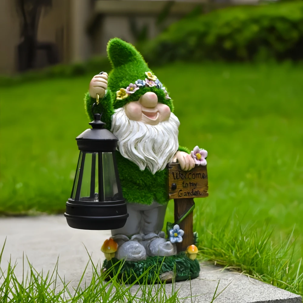 Solar Gnomes Garden Statues Light Resin Gnome Figurine with Welcome Sign Solar Lights Lantern Outdoor Yard Art Decorations