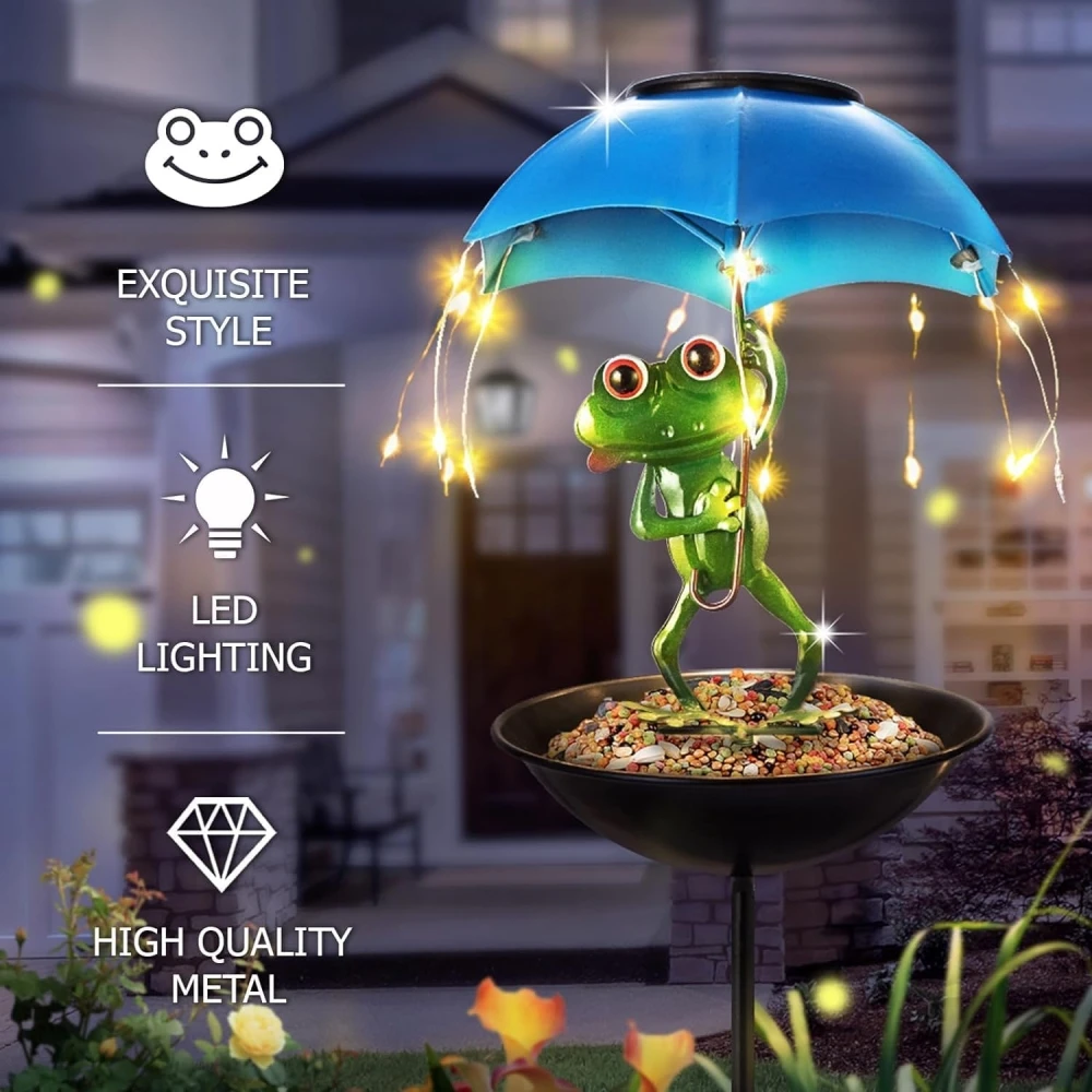 Outdoor Solar Frog Figurine Lights with Umbrella Solar Bird Feeder Frog Garden Decor Hummingbird Feeder Decorative Path Lights - Image 2