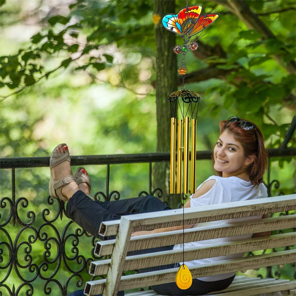 Butterfly Wind Chime with Tube 3D Butterfly Iron Handicraft Creative Metal Glass Painted Hanging Decoration Gift for Mom - Image 2