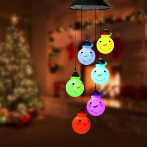 Snowman Wind Chimes Waterproof Solar Wind Chime Light for Outdoor Indoor LED Hanging Light for Garden Patio Yard Christmas Decor