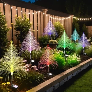 Cedar Solar Garden Light with Multi-Colored Change, Auto ON/Off Outdoor Solar Optical Fibers Christmas Tree Light for Pathway