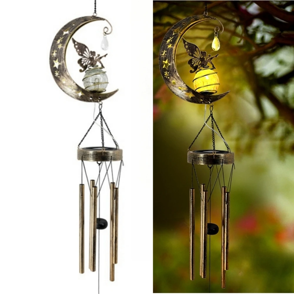 Solar Wind Chime Light Outdoor Moon Fairy Light Courtyard Decoration Hanging Metal Wind Chime Light Garden Holiday Decorations
