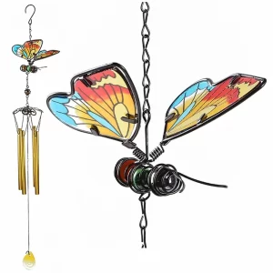Butterfly Wind Chime with Tube 3D Butterfly Iron Handicraft Creative Metal Glass Painted Hanging Decoration Gift for Mom