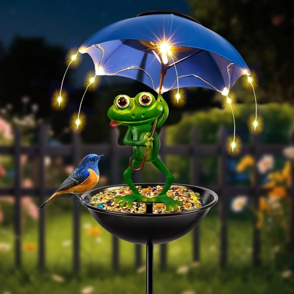 Outdoor Solar Frog Figurine Lights with Umbrella Solar Bird Feeder Frog Garden Decor Hummingbird Feeder Decorative Path Lights