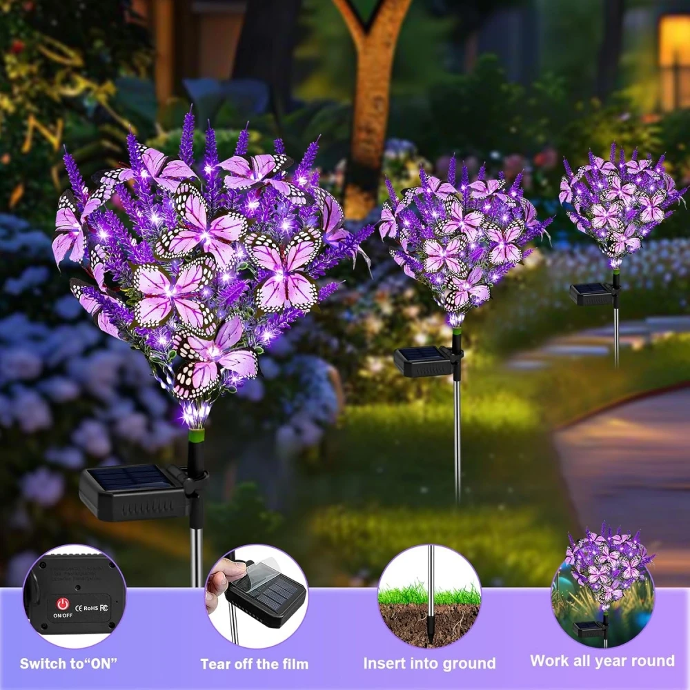 Solar Lavender Butterfly Lights Solar Flower Lights Outdoor Waterproof Decoration Yard Patio Pathway Lawn Courtyard Decoration - Image 2